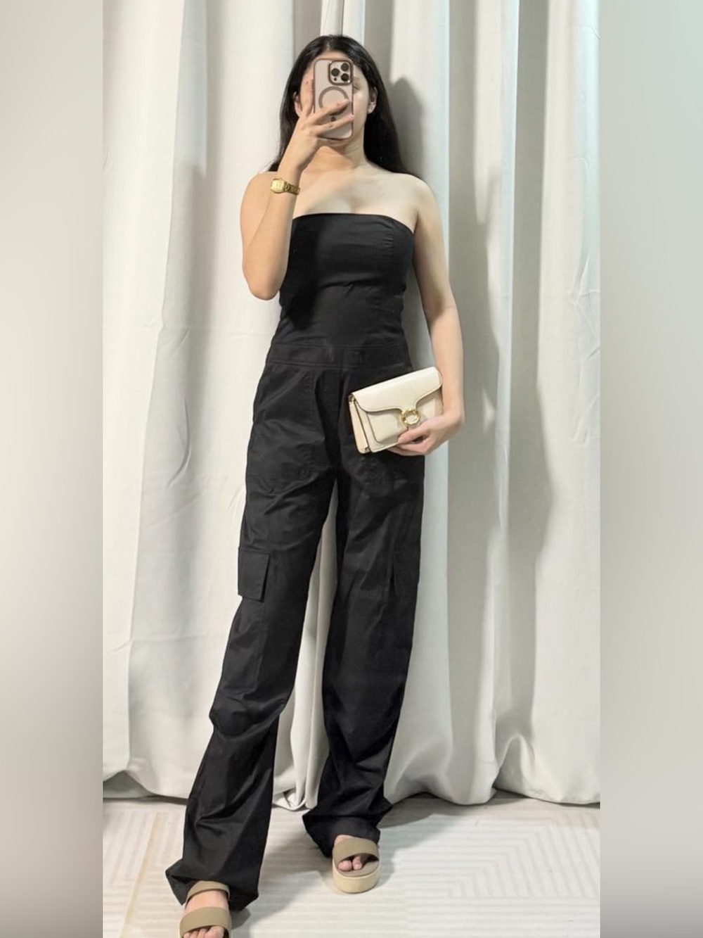 Zara Black Strapless Cargo Jumpsuit